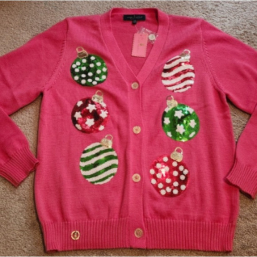 Simply Southern- Sparkly Sequin Pink Cardigan Sweater with Ornaments -Size Large - Picture 2 of 8